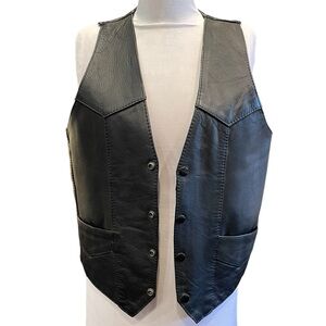 VTG First Genuine Leather Mens Sz 36 Black Leather Snap Motorcycle Vest Patina